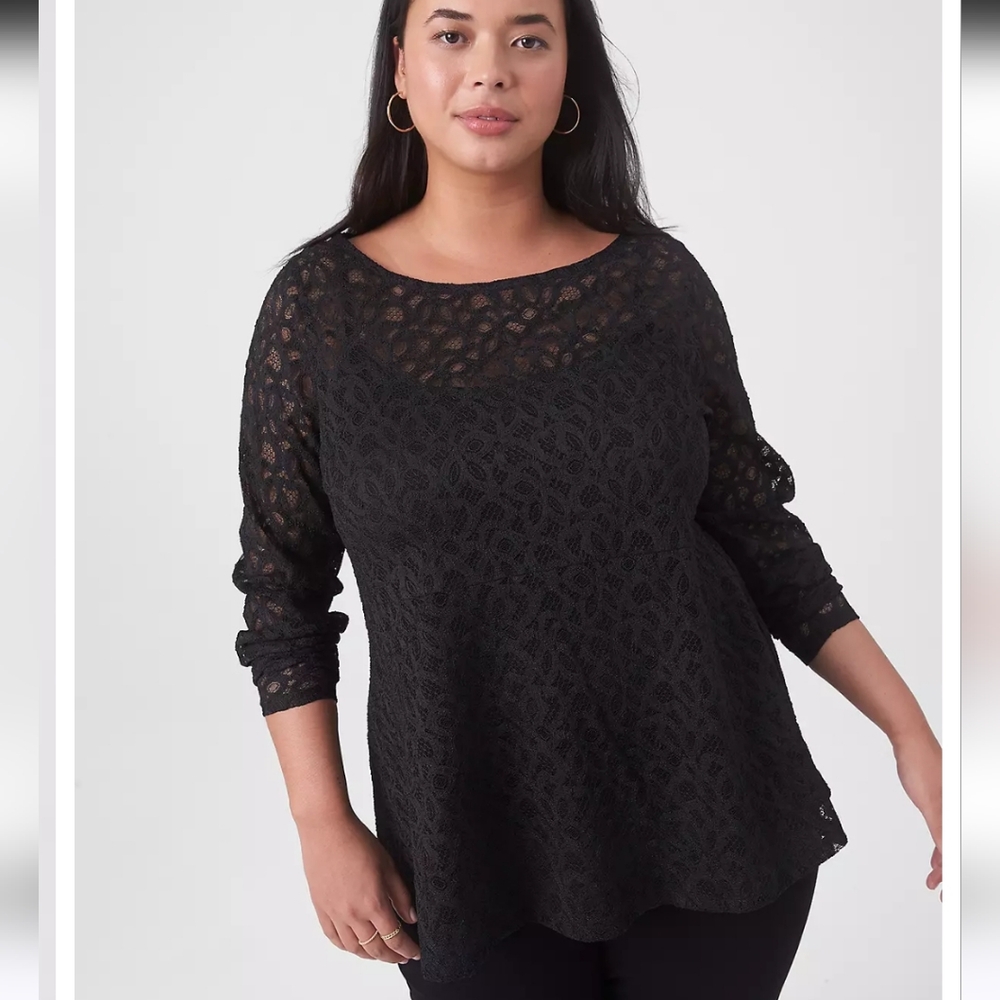 NWT Lane Bryant 24W Classic Boatneck Peplum Sheer Lace Top Black 2678-L